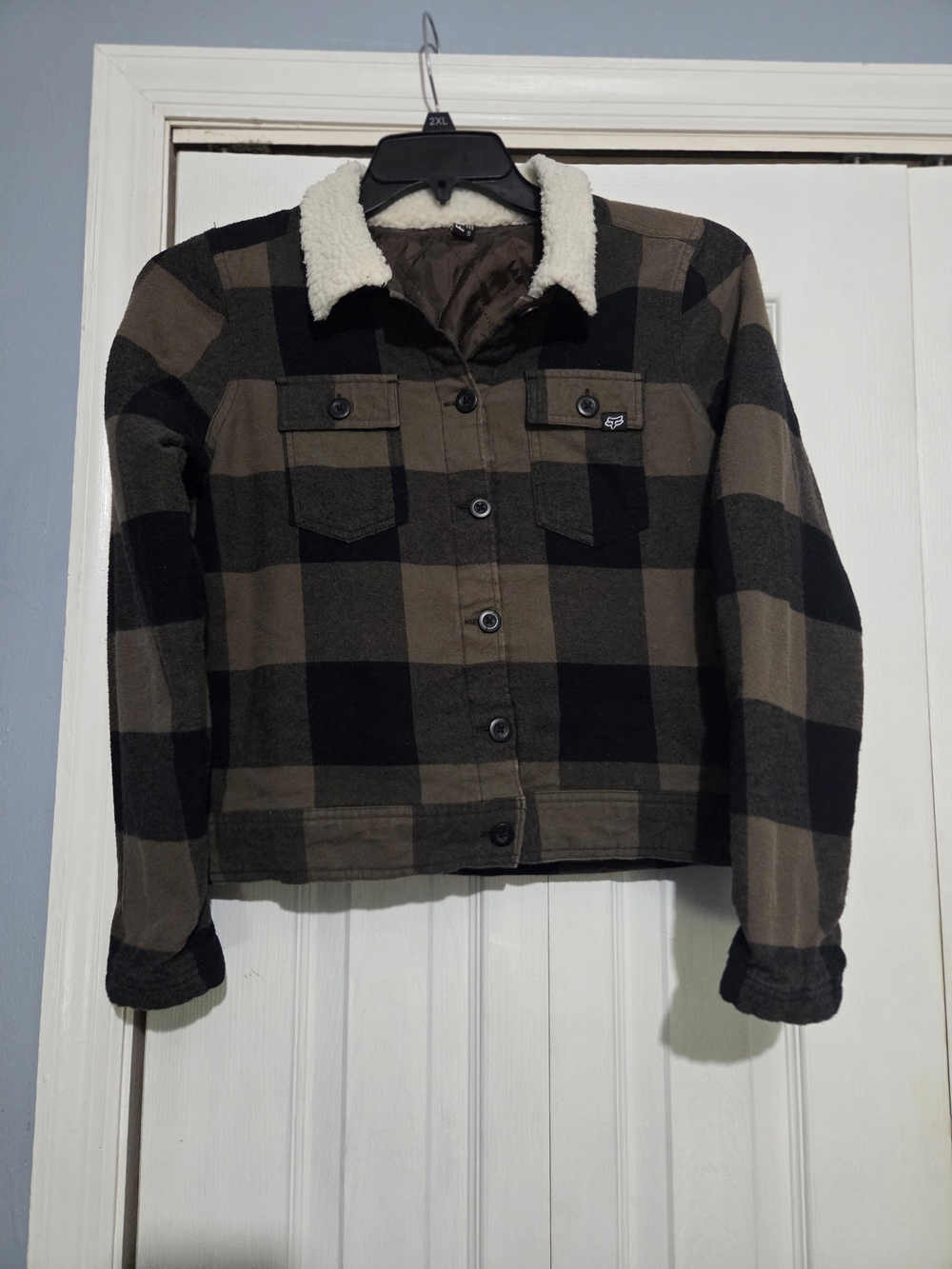 Fox Plaid Sherpa Collar Cropped Jacket in Brown & Black